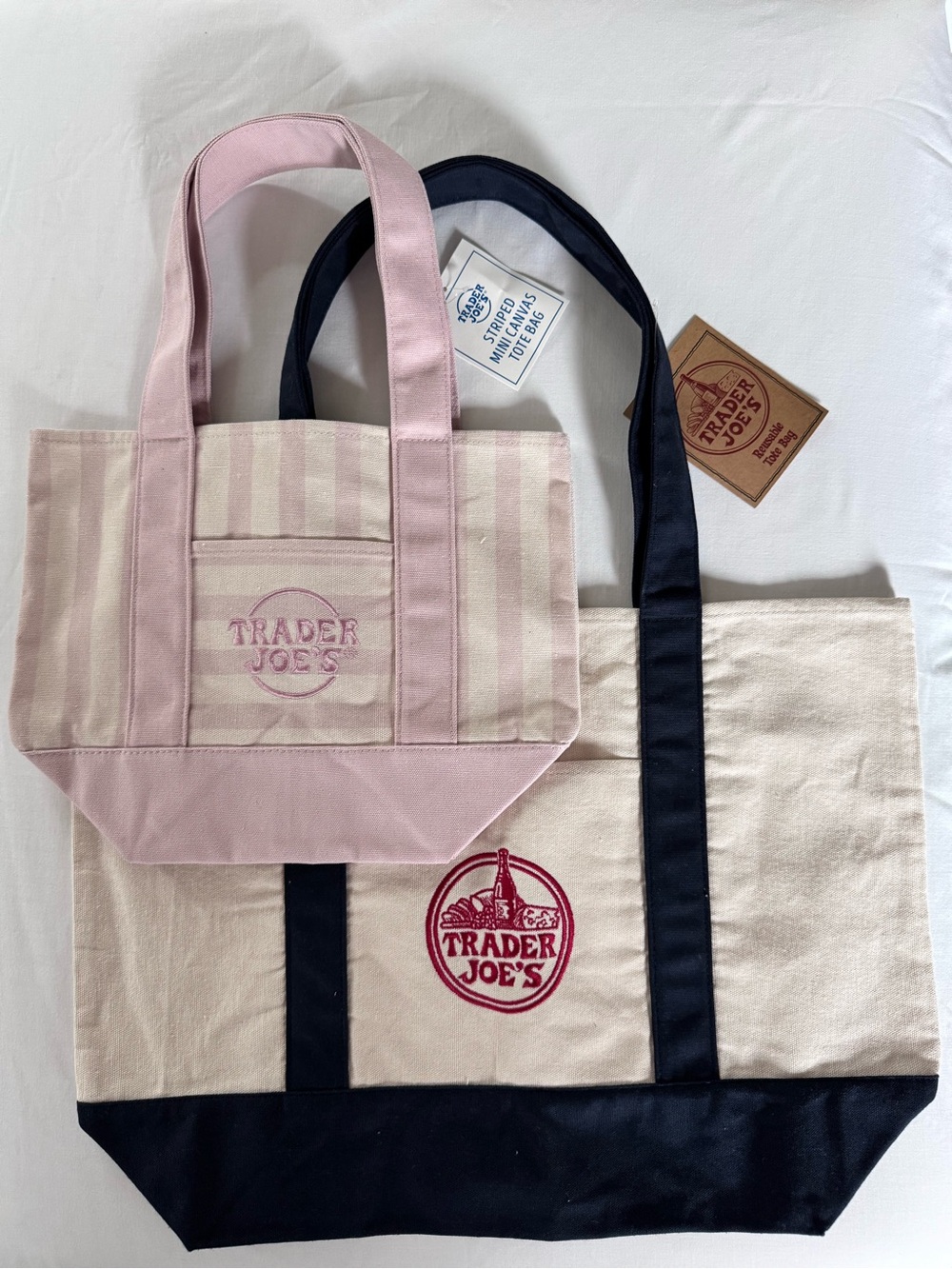 NWT Trader Joe’s Bundle - Mini Pink Stripe  and Large Navy Canvas Tote Bags